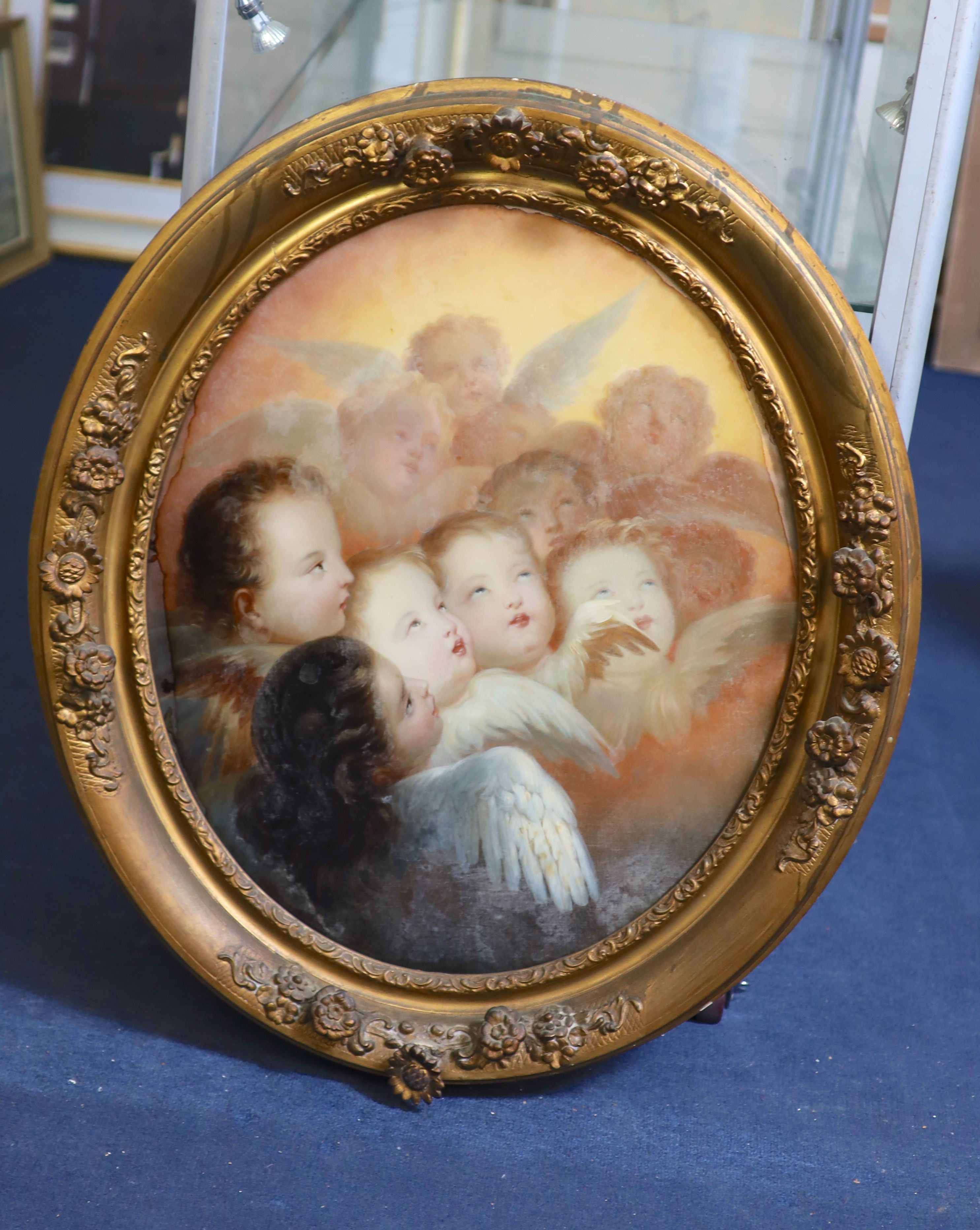 Victorian School, Reynolds Angels, Reverse painting on glass, 63 x 52cm.